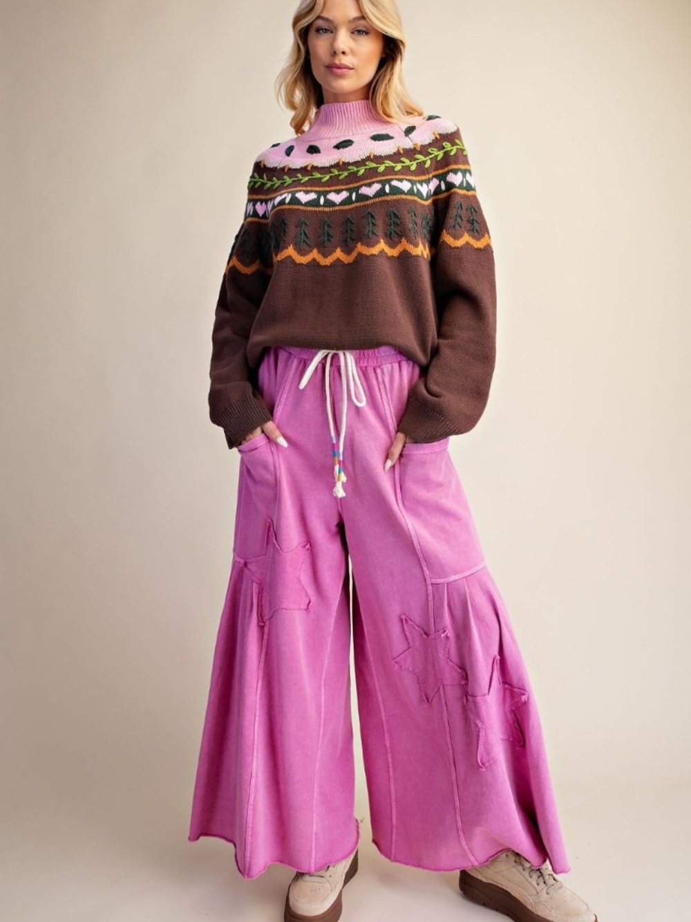 NEW EASEL STAR PATCH MINERAL WASH WASHED TERRY KNIT PALAZZO PANTS WIDE LEG PINK